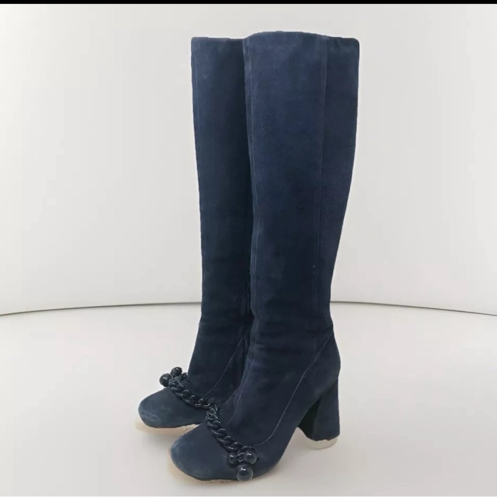 Tory Burch Addison Blue Suede Tall Boots Womens size 8M Royal Navy #44914 Zip Up